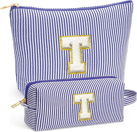 Initial Makeup Bag for Women - Travel Pouch, Portable Cosmetic Bag Make up Kit Pouch | Travel Essentials Cute Makeup Bag Birthday Gifts for Women, Blue Letter T