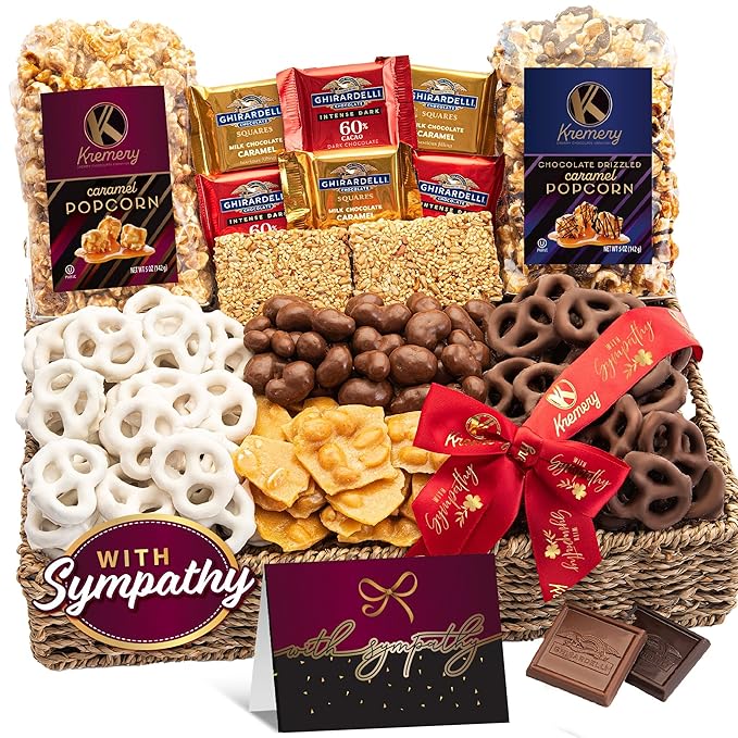 KREMERY Creamy Chocolate Cravings - Sympathy Condolence, Chocolate Covered Pretzels & Caramel Popcorn Gift Basket, in Seagrass Tray + Ribbon & Greeting Card (Deluxe, 3.5 lbs) Food Assortments USA Made