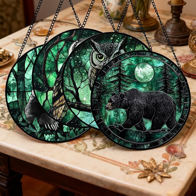 Stained Glass Window Hanging 4 Pcs Set Green Forest Night Sky Wildlife 9.8" - Suncatcher Door Garden Sun Catcher Decor Birthday for Mom Woman Nana Men Friend