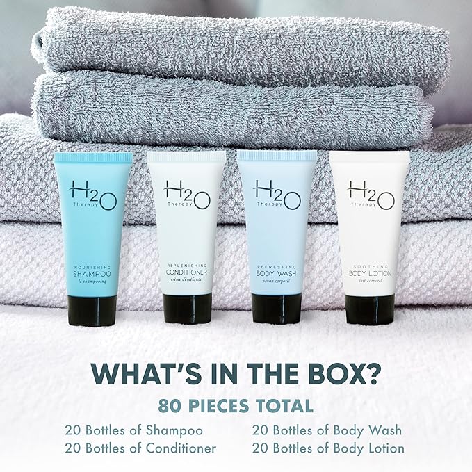 H2O Therapy Hotel Soaps & Toiletries Bulk Set | 1-Shoppe Amenities Kit | 0.85oz Shampoo & Conditioner, Body Wash, Lotion | Travel Size | 80 Pieces