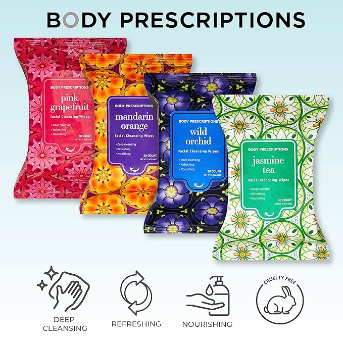 Body Prescriptions Makeup Remover Wipes - Bulk Pack, Gentle Cleansing Wipes for Easy Makeup Removal, Mandarin, Orchid, Grapefruit, & Jasmine Tea