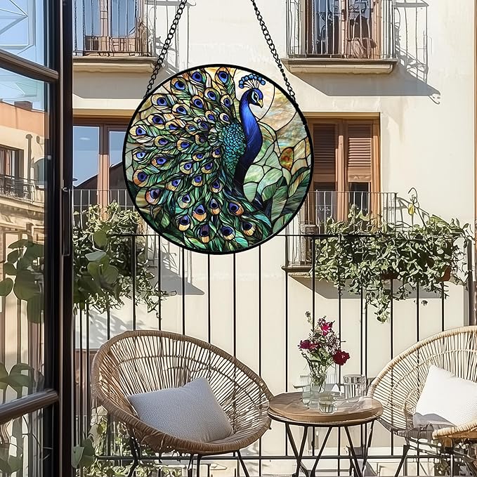 Stained Glass Window Hanging, Blue Green Peacock Decor Suncatcher for Door Garden Home Decoration Bird Sun Catchers Christmas Mother's Day Birthday Gifts for Women Men Mom Nana Friend 11.8 in