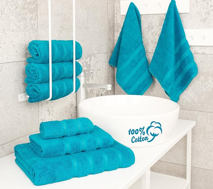 American Soft Linen Luxury 6 Piece Towel Set, 2 Bath Towels 2 Hand Towel 2 Washcloths, 600 GSM 100% Cotton Turkish Towels for Bathroom, Aqua Blue Towel Sets