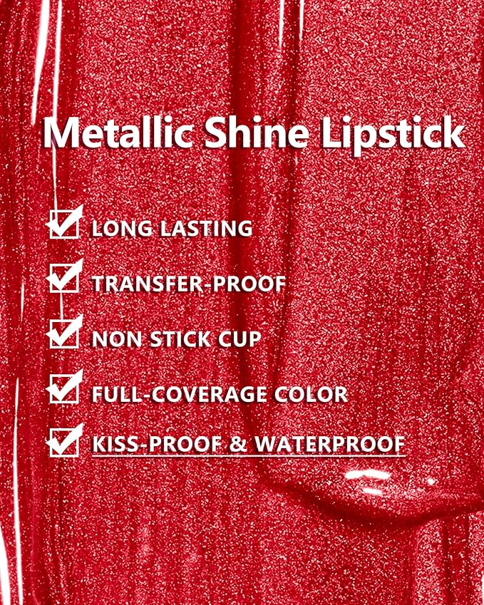 MAKI YIKA 3Pc Metallic Lipstick Long Lasting Nude Pink Red Glitter Lipsticks High Shine Lipstick No Smudge No Transfer Liquid Lip Gloss (Nude/Pink/Red)