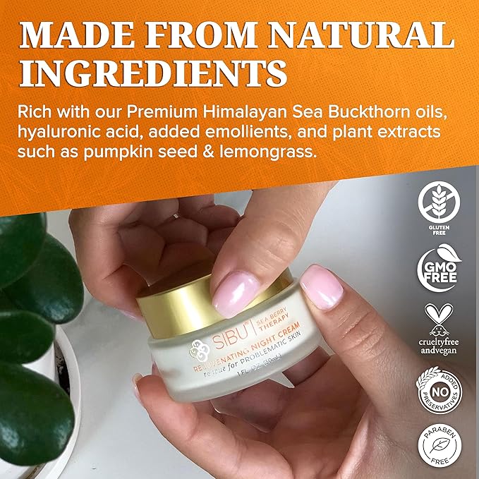 sibu Rejuvenating Night Cream (1 oz), Made With Premium Himalayan Sea Buckthorn & Hyaluronic Acid – Hydrates, Smooths Wrinkles, and Repairs Aging, Sun-Damaged Skin