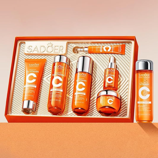 Vitamin C Skincare Set ,Skin Hydration,1Gift Box,1Toner,Face Care Kit Includes Toner,Serum,Cleanser,Moisturizer,Eye Cream & Body Lotion,Unique Gift for Women