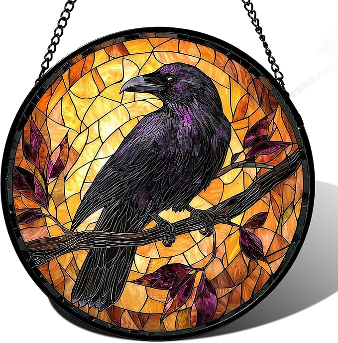 Stained Glass Window Hanging - Crow on a Branch Suncatcher Ready to Hang Window Doors Home Decoration and Christmas, Mother's Day Birthday Gifts for Women, Men, and Mom 14.9x14.9 in