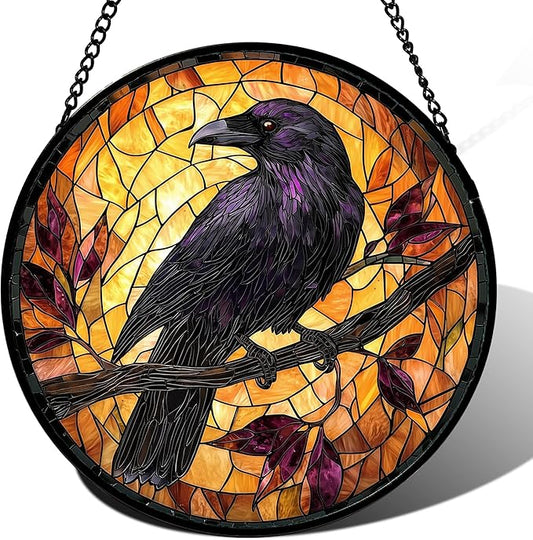 Stained Glass Window Hanging - Crow on a Branch Suncatcher Ready to Hang Window Doors Home Decoration and Christmas, Mother's Day Birthday Gifts for Women, Men, and Mom 14.9x14.9 in