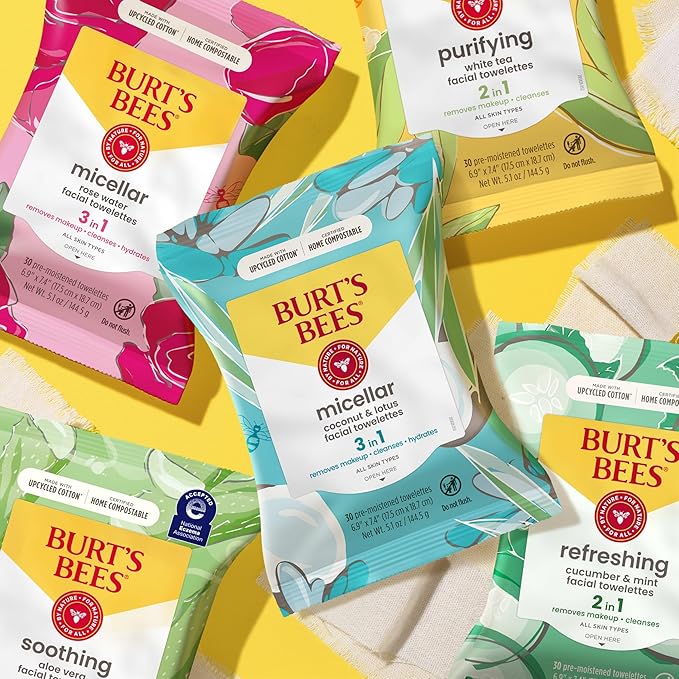 Burt's Bees Back To School Dorm Essentials, Rose Water Face Wipes, for All Skin Types, Hydrating Micellar Makeup Remover & Facial Cleansing Towelettes, 30 Ct (3-Pack)