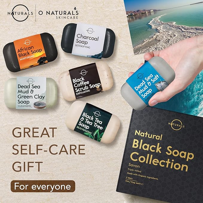 O NATURALS 100% Natural Bar Soap - Gift Set - Organic Ingredients & Essential Oils - Spa Gifts for Women & Men, Body Wash & Face Soap - 6PC Black Soap Collection