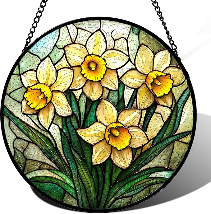 Stained Glass Window Hanging, Daffodil Plant Flowers Sun Catchers Diamond Glass Panel Hangings Suncatcher Decor for Birthday for Women, Men, Wife, Aunt, and Mom 14.9x14.9 in