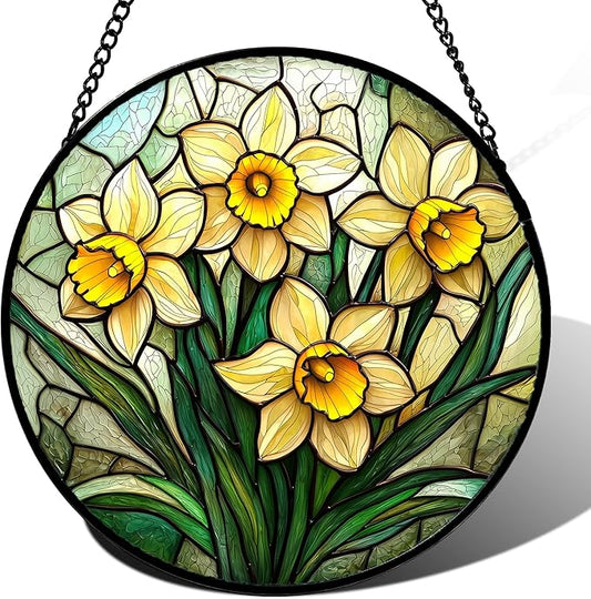 Stained Glass Window Hanging, Daffodil Plant Flowers Sun Catchers Diamond Glass Panel Hangings Suncatcher Decor for Birthday for Women, Men, Wife, Aunt, and Mom 14.9x14.9 in