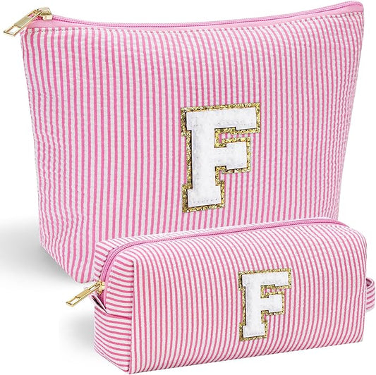 YOOLIFE Makeup Bag for Women, Personalized Initial Cute Makeup Pouch for Girlfriend Bridesmaid Wife | Cosmetic Travel Toiletry Bag for Friend Female Sister | Birthday Gift Idea for Her Mom Pink F