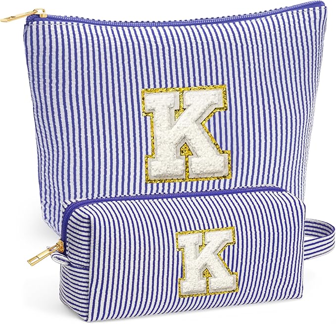 Travel Toiletry Bag Set for Women - Travel Essentials, Initial Travel Makeup Bag Organizer Small Cosmetic Bag for Purse Blue Stuff Gifts for Women Mom Girlfriend Teacher, Blue Letter K