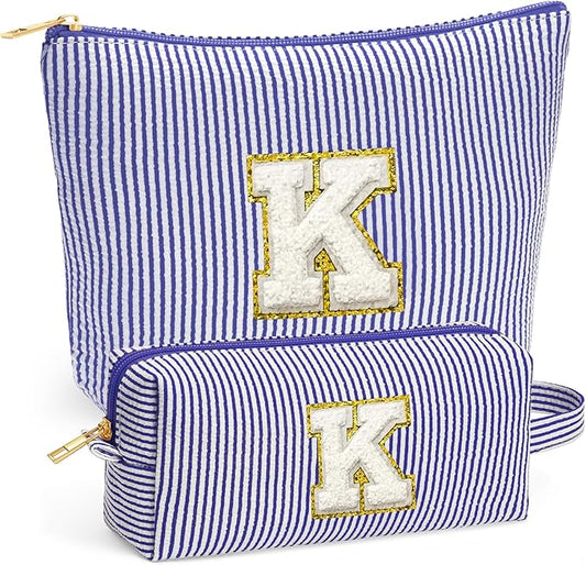 Travel Toiletry Bag Set for Women - Travel Essentials, Initial Travel Makeup Bag Organizer Small Cosmetic Bag for Purse Blue Stuff Gifts for Women Mom Girlfriend Teacher, Blue Letter K