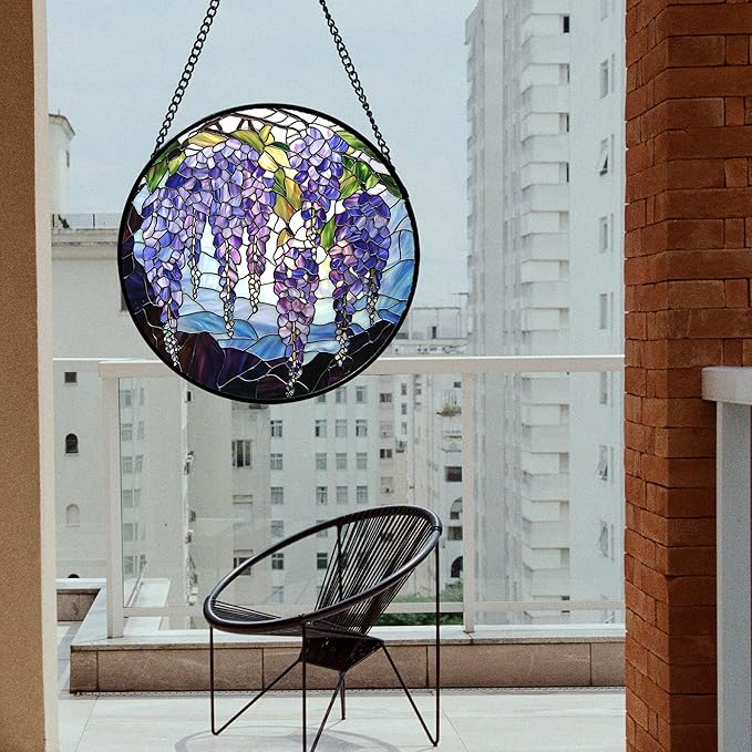 Stained Glass Window Hanging, Purple Wisteria Flowers Suncatcher for Doors Window Home Plant Sun Catchers Decoration Mother's Day Birthday Gifts for Women, Men, and Mom 11.8x11.8 in