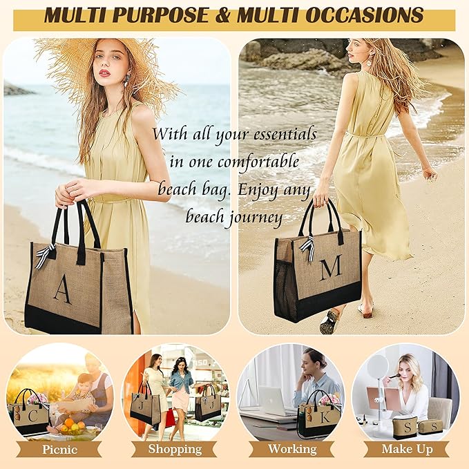 YOOLIFE Gifts for Women - Initial Jute Tote Bag & 2 Makeup Bags Personalized Gifts for Women Teacher Mom Friend Birthday