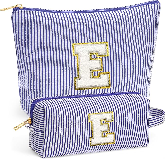 Initial Makeup Bag Set - Cute Blue Stuff for Women, Makeup Pouch Cosmetic Bag Small Makeup Bag for Purse, Travel Essentials Toiletry Bag for Women Birthday Gifts, Blue Letter E