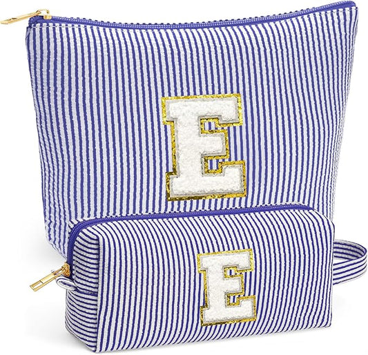 Initial Makeup Bag Set - Cute Blue Stuff for Women, Makeup Pouch Cosmetic Bag Small Makeup Bag for Purse, Travel Essentials Toiletry Bag for Women Birthday Gifts, Blue Letter E