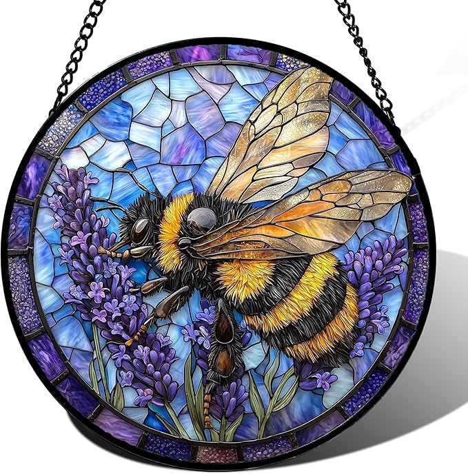 Stained Glass Window Hanging, Bee Lavender Sun Catchers Diamond Glass Panel Hangings Insect Suncatcher Decor for Birthday for Women, Men, Wife, Aunt, and Mom 14.9x14.9 in