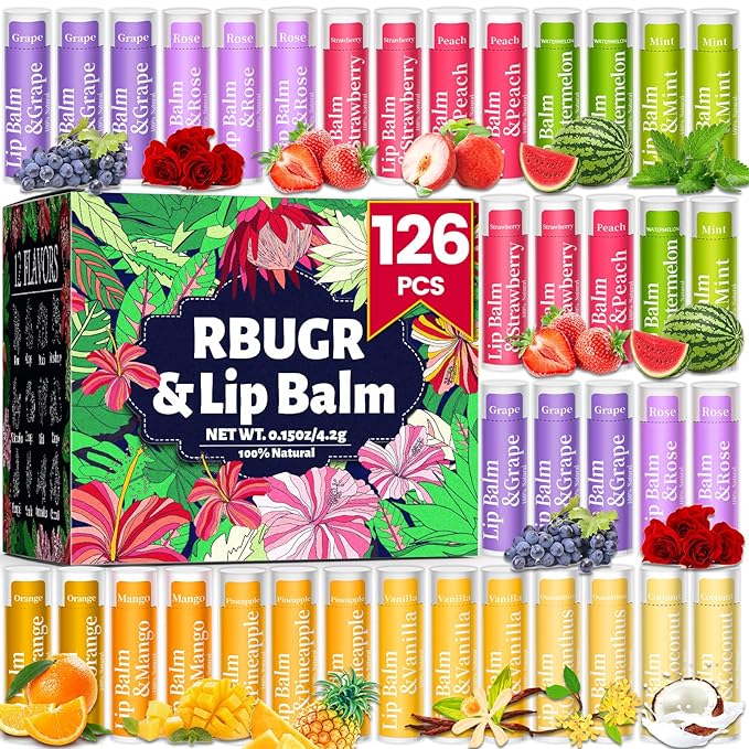 126 Pcs Lip Balm Bulk, 12 Flavored Pack of Lip Balms Pack Natural Moisturising Organic Lip Balm Set for Cracked Lips, Bulk Gifts Stocking Stuffers Party Favors(4.2g/0.15oz)