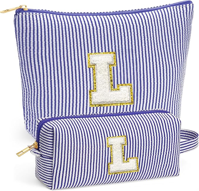 Travel Makeup Bag Organizer - Travel Essentials, Initial Travel Toiletry Bag with Zipper | Small Makeup Bag for Purse Cute Blue Stuff Birthday Gifts for Women Mom Daughter, Blue Letter L