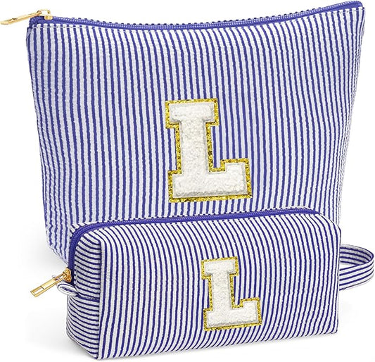 Travel Makeup Bag Organizer - Travel Essentials, Initial Travel Toiletry Bag with Zipper | Small Makeup Bag for Purse Cute Blue Stuff Birthday Gifts for Women Mom Daughter, Blue Letter L