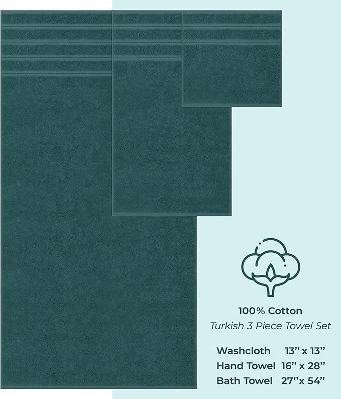 American Soft Linen Premium 3 Piece Towel Set, 1 Bath Towel 1 Hand Towel 1 Washcloth, 600 GSM 100% Cotton Turkish Towels for Bathroom, Teal Towel Set