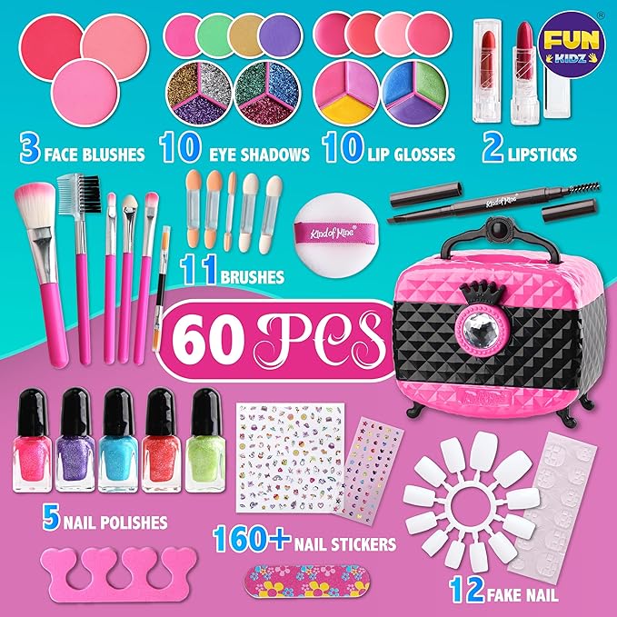 60Pcs Kid Makeup Kit for Girls 6-12, FunKidz Three Layers Folding Make Up Box Toy Set Child Beauty Cosmetic Kits for Little Girls Party Gifts
