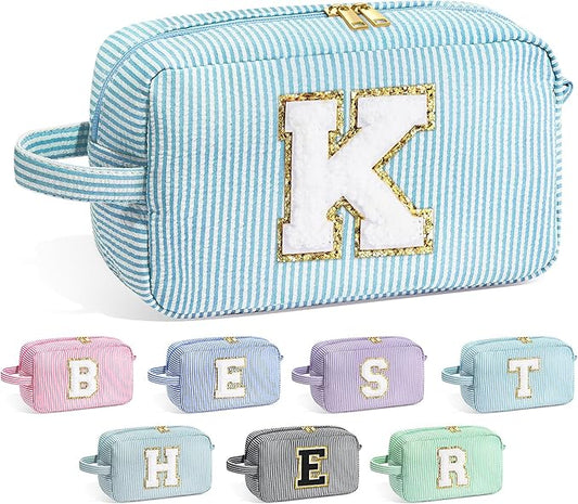 YOOLIFE Makeup Bag - Initial Makeup Bag Cosmetic Bag, Monogram Makeup Bags, Travel Cosmetic Bag, Make Up Bag, Travel Cute Makeup Pouch Makeup Case, Personalized Blue Makeup Bags for Women Her K