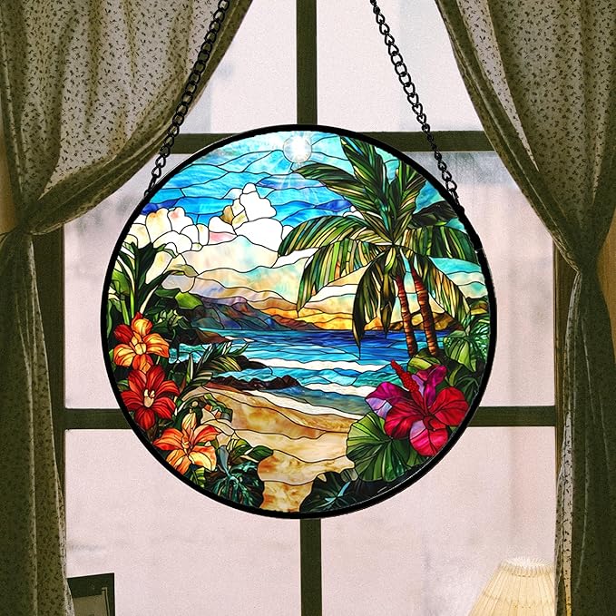 Stained Glass Window Hanging, Blue Beach Scenery Suncatcher Diamond Glass Panel Hangings Sun Catchers Decor for Birthday for Women, Men, Wife, Aunt, and Mom 14.9x14.9 in