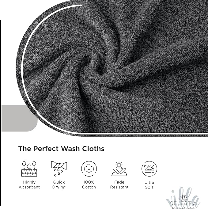 100% Cotton Wash Cloth for face & Body Set of 6, (12 x 12 inches) Sustainable, Soft, Highly Absorbent, Combed Cotton Wash Cloths Pack of 6 for Hotels, Spa, Bathroom, Dorm, Grey