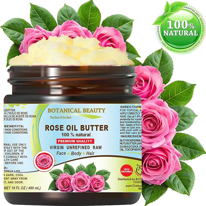 Botanical Beauty ROSE OIL BUTTER 100% Natural Rose Essential Oil in Shea Nut Butter for FACE SKIN BODY HAIR NAILS Beauty Skin Moisturizer Oil Butter Skin Nourishing (16 Fl Oz)
