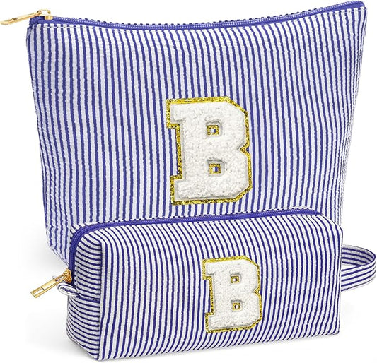 Birthday Gifts for Women - Initial Makeup Bag Set, Portable Makeup Pouch Cosmetic Bag with Zipper, Travel Essentials Toiletry Bag Travel Gifts for Women, Blue Letter B