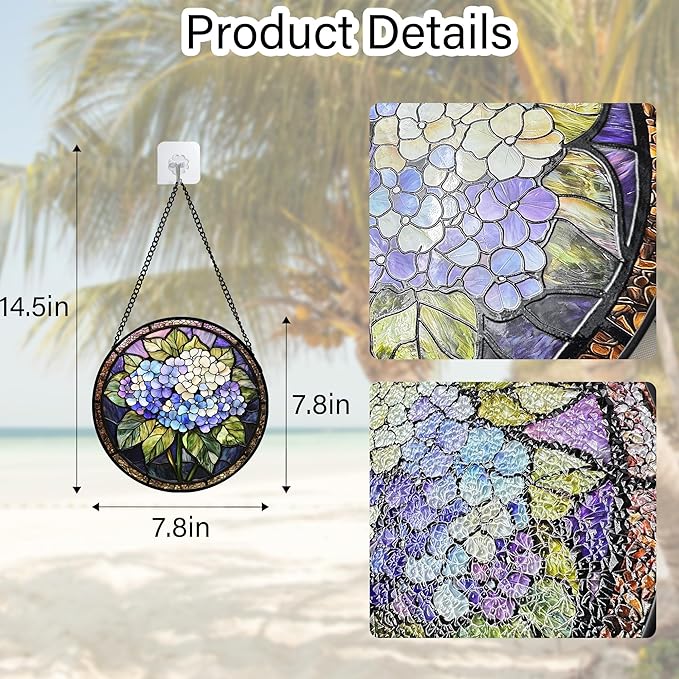 Stained Glass Window Hanging, Hydrangea Flowers Sun Catchers Diamond Glass Panel Hangings Plant Suncatcher Decor for Birthday for Women, Men, Wife, Aunt, and Mom 7.8 in
