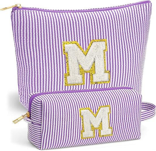 Initial Cosmetic Bag Set - Travel Bag Makeup Pouch, Makeup Bag with Zipper Make up Kit Preppy Stuff Stocking Stuffers Birthday Gifts for Women Travel Essentials Travel Bag, Purple Letter M