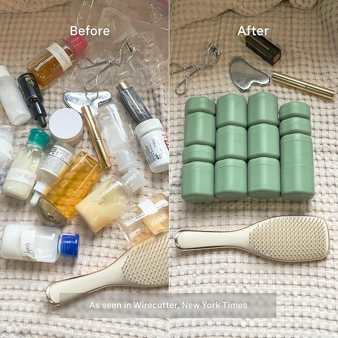 Cadence Travel Containers - Full Skincare Set - Magnetic Containers with Lids,Carry On Travel Essentials For Women/Men - 2 Small (0.56oz), 4 Medium Capsules (1.32oz), & Extender (1.43oz) - Evergreen