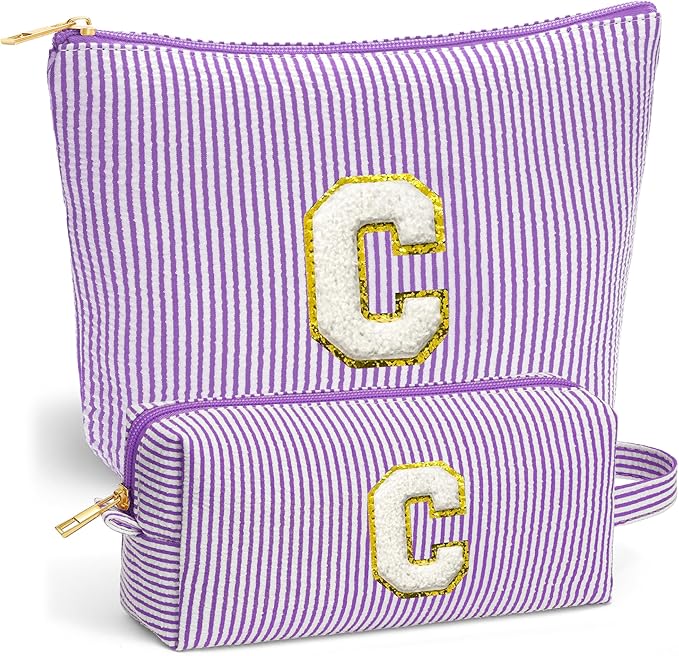 Initial Makeup Kit - Cosmetic Bags for Women, Make up Bag Set Portable Travel Toiletry Bag with Zipper, Cute Purple Stuff Birthday Gifts for Women Mom Girlfriend, Purple Letter C