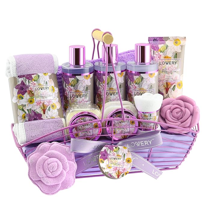 Gift Sets For Women, Gift Basket for Women & Men, Bath and Body Gift Basket, 13pc Vanilla Lavender Home Spa Set, Body Lotion, Bath Bomb, Shower Gloves Gift for Mom Thank You Birthday Gifts
