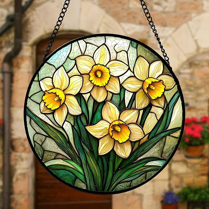 Stained Glass Window Hanging, Daffodil Plant Flowers Sun Catchers Diamond Glass Panel Hangings Suncatcher Decor for Birthday for Women, Men, Wife, Aunt, and Mom 9.8 in