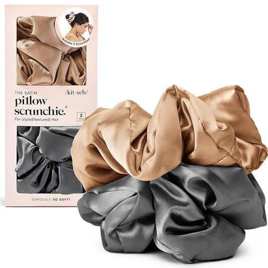 Kitsch Satin Scrunchies for Women - No Crease Hair Ties for Girls | Big Scrunchies For Women with All Hair Types and Textures, Perfect for Day or Night - 2 Pcs, Charcoal and Gold