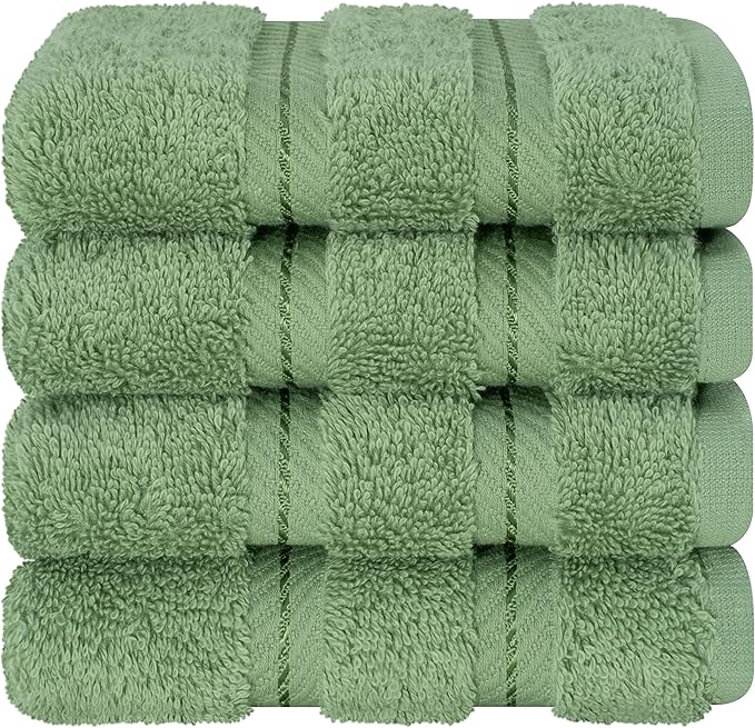 American Soft Linen Luxury Washcloths for Bathroom, 600 GSM 100% Cotton 4 Piece Turkish Wash Cloth Set, 13x13 in Soft Rags for Body and Face, Sage Green Washcloths
