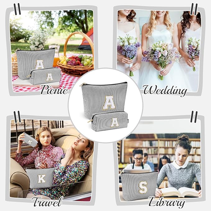 YOOLIFE Initial Makeup Bag - Personalized Monogrammed Travel Toiletry Bag, Perfect for Teens, Weddings, and Preppy Styles - Black