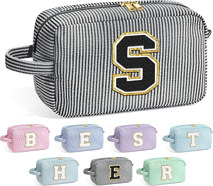 YOOLIFE Teen Girls Gifts Trendy Stuff - Birthday Gifts for 5 6 7 8 9 10 11 12 Year Old Girls Kids, Initial Makeup Bag for Teen Girl Kids Cosmetic Toiletry Pouch, Black S