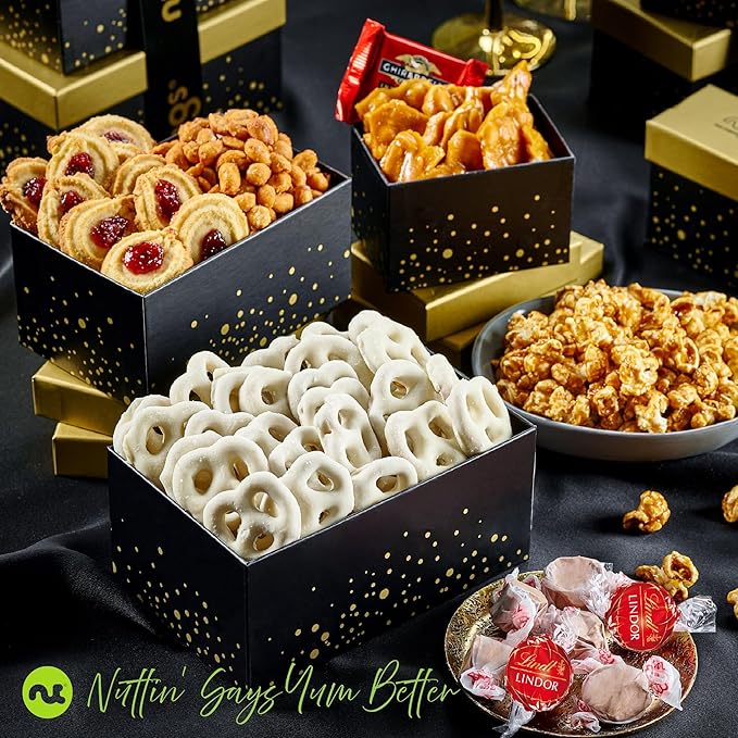 NUT CRAVINGS - Diwali Chocolate Covered Pretzels & Caramel Popcorn Gift Basket, in Black Tower + Ribbon (8 Assortments) Food Arrangement, Healthy Snack Care Package, Food Assortments