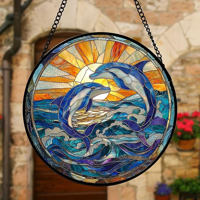 Stained Glass Window Hanging, Blue Dolphin Sun Catchers Colorful Glass Panel Sunrise Sea View Suncatcher Decor for Birthday for Women, Men, Wife, Aunt, and Mom 11.8x11.8 in
