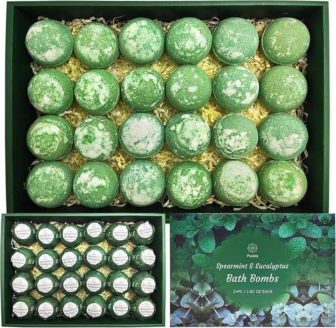 Purelis Handmade 24-Pack Spearmint & Eucalyptus Bath Bombs - Natural Moisturizing Aromatherapy Bath Bombs for Men and Women