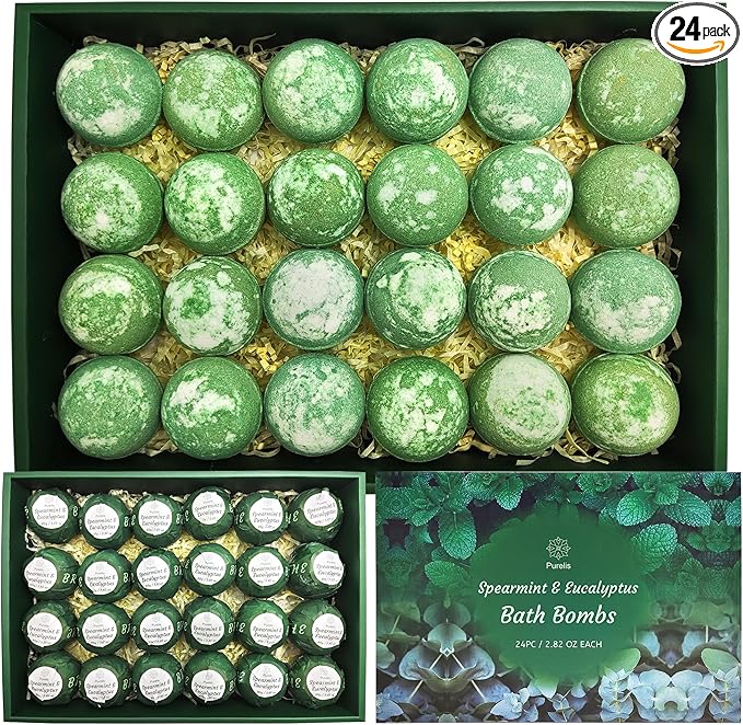 Purelis Handmade 24-Pack Spearmint & Eucalyptus Bath Bombs - Natural Moisturizing Aromatherapy Bath Bombs for Men and Women