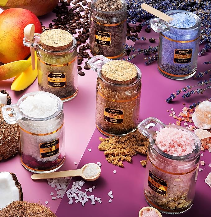 Bath Salts Gift Set with Lavender, Arabica Coffee, Mango, Sugar, Himalayan & Coconut, 6pc Bath Soaks, Relaxing Spa Salt with Essential Oils, Vitamin E, Jojoba Oil, Shea Butter, Fresh Herbs