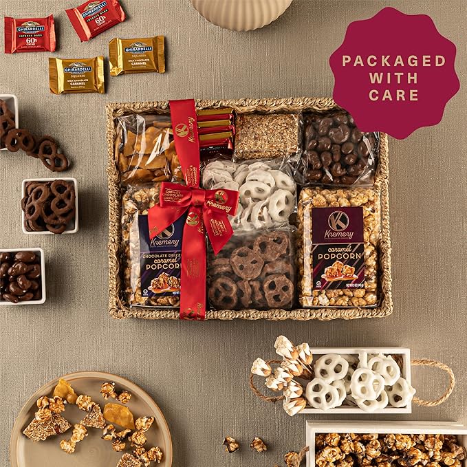 KREMERY Creamy Chocolate Cravings - Chocolate Covered Pretzels & Caramel Popcorn Gift Basket, in Seagrass Tray + Ribbon (Deluxe, 3.5 lbs) Food Arrangement, Food Assortments USA Made
